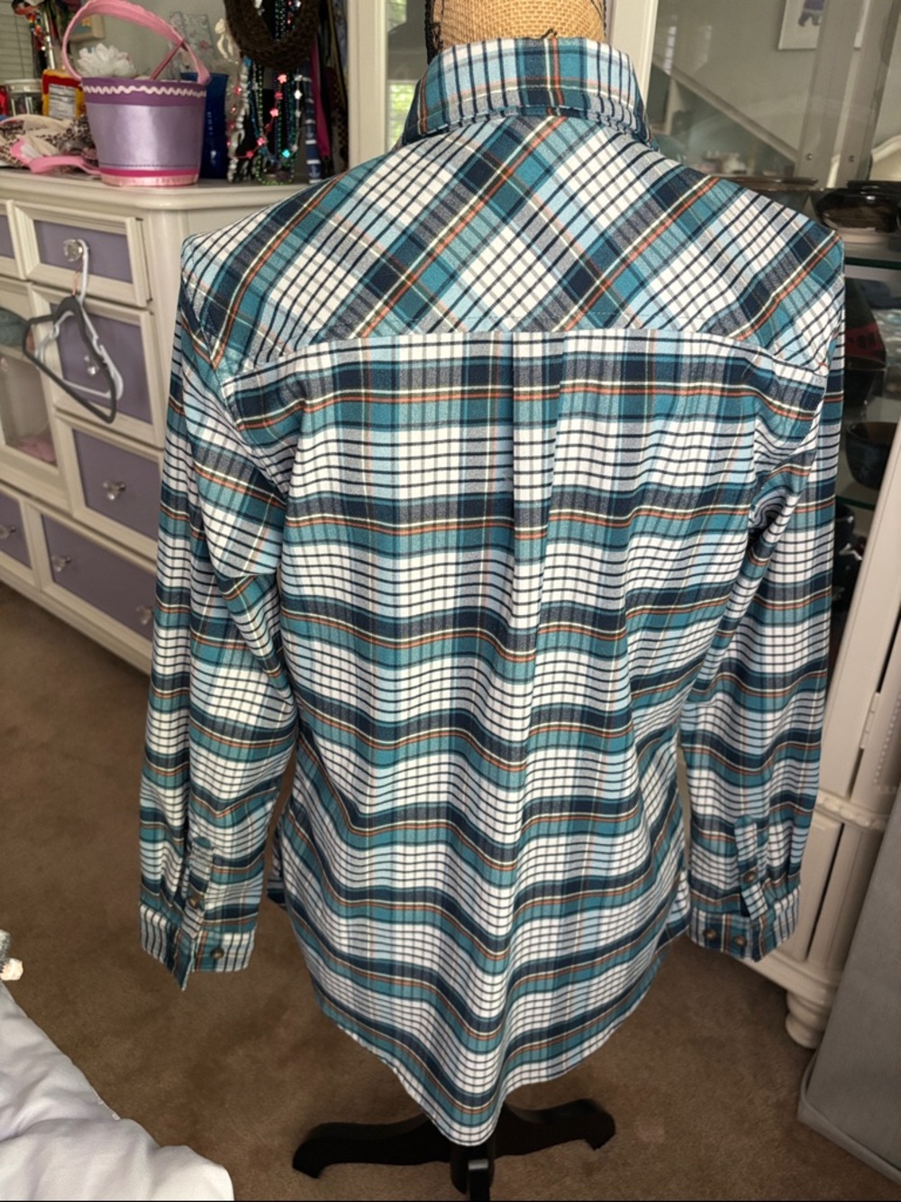 L.L. Bean Teal, White & Blue Plaid Flannel Button-Down Shirt - Picture 5 of 6